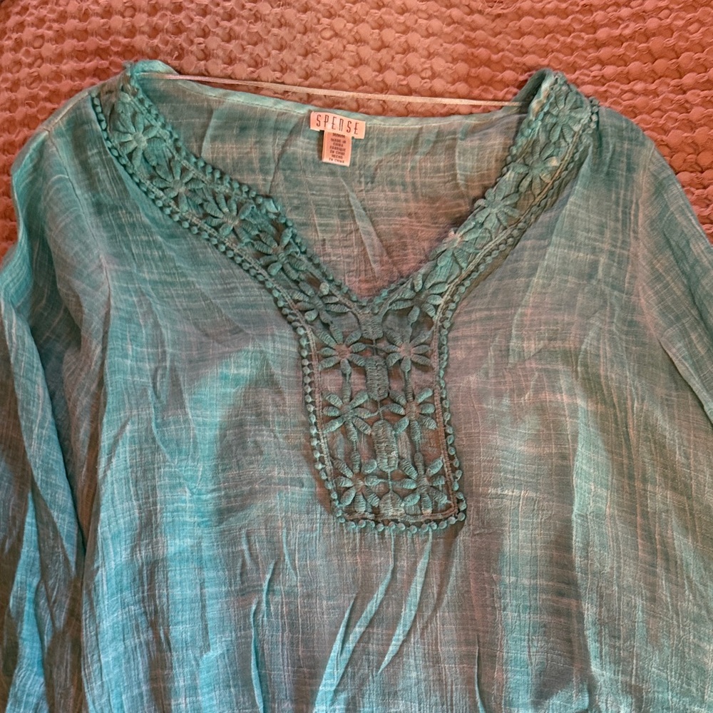 Spense Teal Crochet V-Neck Tunic